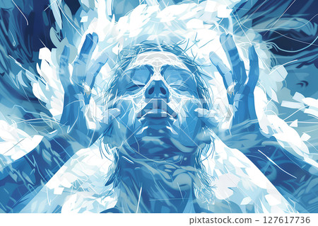Blue water splashes and close-up of a person's face 127617736