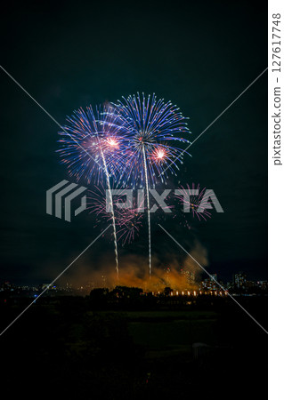 A series of vibrant fireworks lighting up the night sky A series of vibrant fireworks lighting up the night sky 127617748