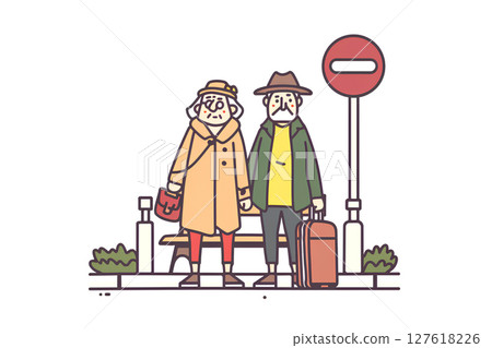 A cute illustration of an elderly couple waiting for a bus 127618226