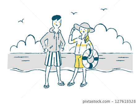 Illustration of a couple in swimsuits enjoying swimming in the sea 127618328