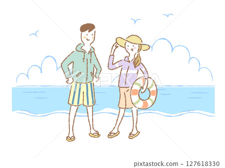 一對穿著泳衣的情侶在海裡享受游泳的插圖 127618330