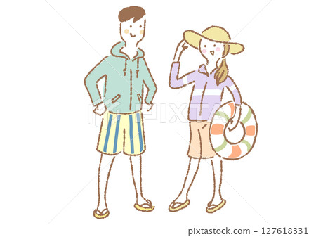 Hand-drawn illustration of a couple wearing swimsuits and rash guards 127618331