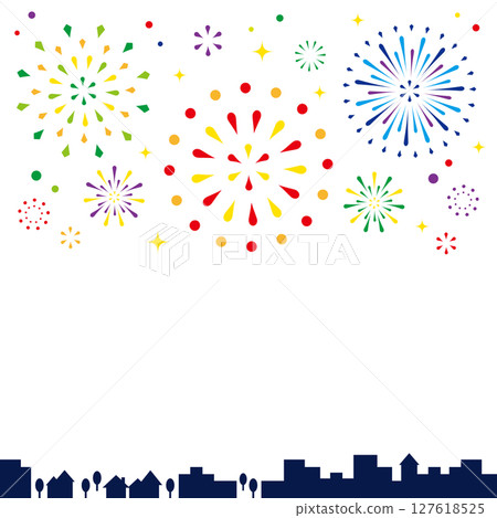 Colorful fireworks and cityscape illustration Colorful fireworks and cityscape illustration 127618525