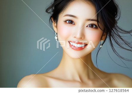 自然肌膚，日式髮型和妝容風格，AI生成的美女圖像（橫向照片） 127618564