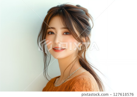 自然肌膚，日式髮型和妝容風格，AI生成的美女圖像（橫向照片） 127618576