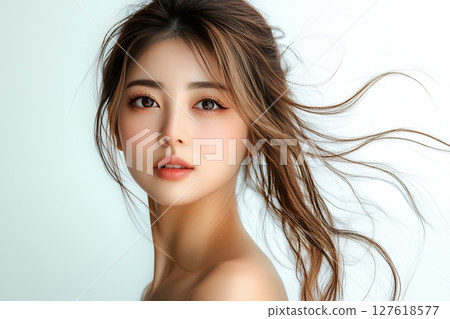 自然肌膚，日式髮型和妝容風格，AI生成的美女圖像（橫向照片） 127618577
