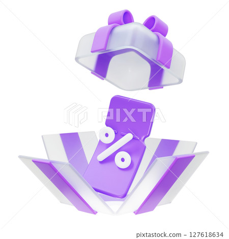 Discount coupons in purple gift boxes 3D graphic 127618634