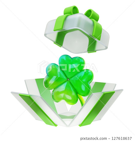 Four leaf clover in a green gift box 3D graphic 127618637