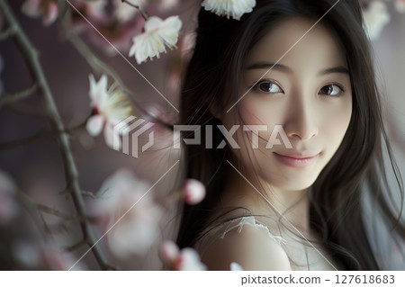 Beautiful skin, Japanese hair and makeup style, surrounded by flowers, beautiful woman image generated by AI (horizontal photo) 127618683