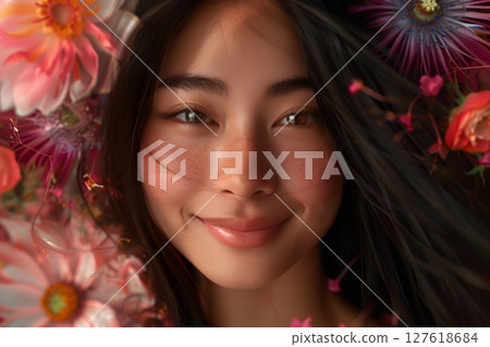 Beautiful skin, Japanese hair and makeup style, surrounded by flowers, beautiful woman image generated by AI (horizontal photo) 127618684