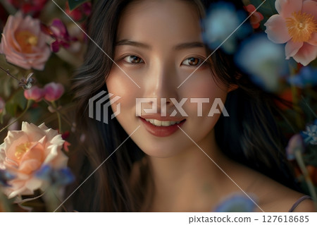 Beautiful skin, Japanese hair and makeup style, surrounded by flowers, beautiful woman image generated by AI (horizontal photo) 127618685