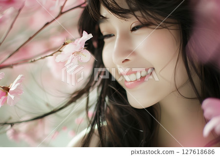 美麗的肌膚，日式髮型和妝容，被鮮花環繞，AI 生成的美麗女性圖像（橫向照片） 127618686