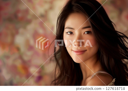 美麗的肌膚，日式髮型和妝容，被鮮花環繞，AI 生成的美麗女性圖像（橫向照片） 127618718