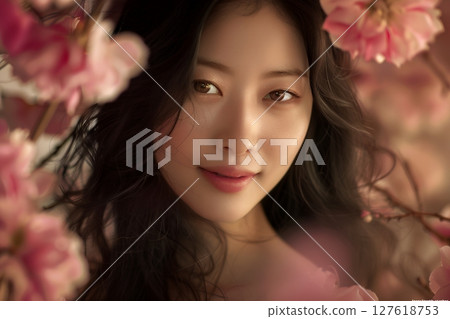 Beautiful skin, Japanese hair and makeup style, surrounded by flowers, beautiful woman image generated by AI (horizontal photo) 127618753