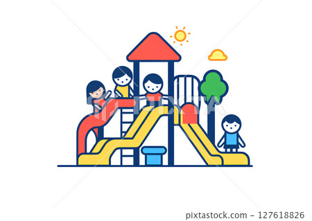 Icon illustration of kindergarteners playing with playground equipment 127618826