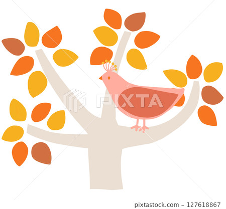 A small pink bird perched on a tree with autumn leaves A small pink bird perched on a tree with autumn leaves 127618867