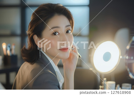 A beautiful Japanese woman looking into the mirror is expressed using generative AI (horizontal photo) 127618908