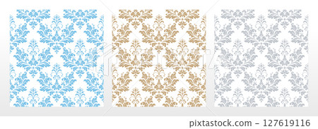 Wallpapers in the style of Baroque.. Set of colored floral ornaments. Seamless vector backgrounds Graphic patterns for fabric, wallpaper, packaging. Ornate Damask flower illustration Wallpapers in the style of Baroque.. Set of colored floral ornaments. Seamless vector backgrounds Graphic patterns for fabric, wallpaper, packaging. Ornate Damask flower illustration 127619116