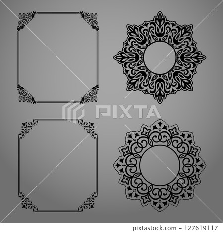 Set of decorative frames Elegant vector element for design in Eastern style, place for text. Floral black and gray borders. Lace illustration for invitations and greeting cards Set of decorative frames Elegant vector element for design in Eastern style, place for text. Floral black and gray borders. Lace illustration for invitations and greeting cards 127619117
