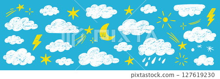 Cloud crayon texture star, moon set. Hand drawn crayon pencil stroke cloud, moon, sun weather shape with chalk texture. Sky elements for kid, baby, school background design. Vector 127619230
