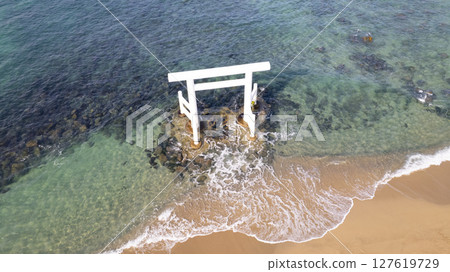 Sakurai Futamigaura torii in Itoshima, Fukuoka which in front of Married Couple Rocks Sakurai Futamigaura torii in Itoshima, Fukuoka which in front of Married Couple Rocks 127619729