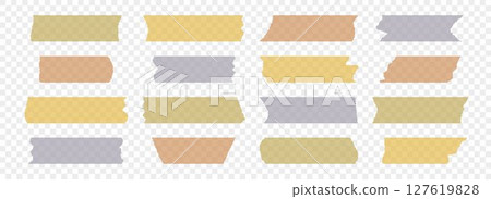 Colored adhesive tapes collection. Torn duct tape pieces set. strip. Plastic scotch stripes with torn jagged edges. Sticky masking paper for package wrap, blank tag, label, sticker, decoration. Vector 127619828