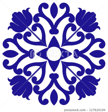 Vector decorative pattern blue and white design with frame or border. Baroque Vector mosaic. Traced watercolo. Capri Majolica Vector decorative pattern blue and white design with frame or border. Baroque Vector mosaic. Traced watercolo. Capri Majolica 127620194