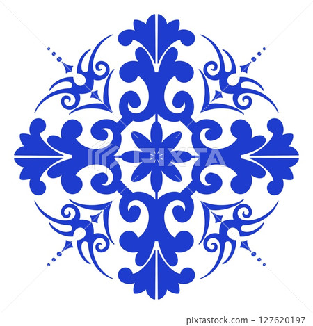 Vector decorative pattern blue and white design with frame or border. Baroque Vector mosaic. Traced watercolo. Capri Majolica Vector decorative pattern blue and white design with frame or border. Baroque Vector mosaic. Traced watercolo. Capri Majolica 127620197