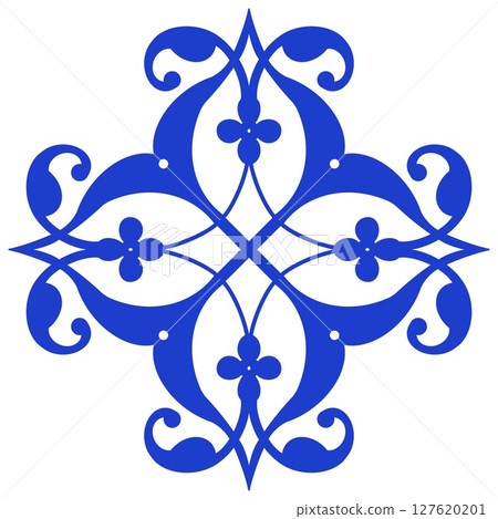 Vector decorative pattern blue and white design with frame or border. Baroque Vector mosaic. Traced watercolo. Capri Majolica 127620201
