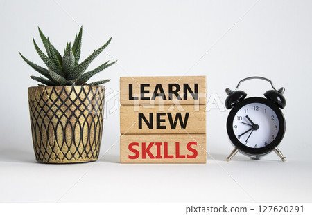 Learn new skills symbol. Concept words Learn new skills on wooden blocks. Beautiful white background with succulent plant and alarm clock. Business and Learn new skills concept. Copy space. Learn new skills symbol. Concept words Learn new skills on wooden blocks. Beautiful white background with succulent plant and alarm clock. Business and Learn new skills concept. Copy space. 127620291