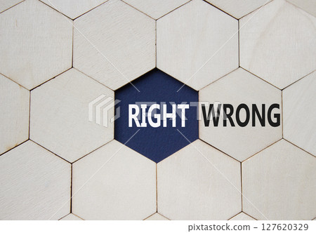Right or Wrong symbol. Concept word Right or Wrong on wooden comb puzzle. Beautiful deep blue background. Business and Right or Wrong concept. Copy space 127620329