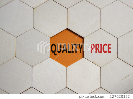 Price or Quality symbol. Concept word Price or Quality on wooden comb puzzle. Beautiful orange background. Business and Price or Quality concept. Copy space Price or Quality symbol. Concept word Price or Quality on wooden comb puzzle. Beautiful orange background. Business and Price or Quality concept. Copy space 127620332