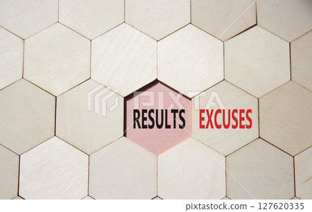 Results or Excuses symbol. Concept word Results or Excuses on wooden comb puzzle. Beautiful pink background. Business and Results or Excuses concept. Copy space 127620335