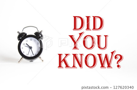 Did you know symbol. Beautiful white background with alarm clock. Business and Did you know concept. Copy space. 127620340
