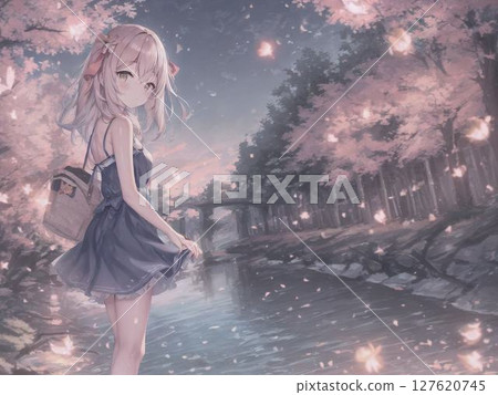 A beautiful woman in a beautiful dress standing under illuminations and cherry blossom trees 127620745