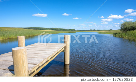 wooden bridge over river 127620828