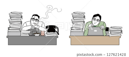Deskwork salaryman of the Showa era and businessman of the Reiwa era. Vector illustration of a Japanese man who is tired from work Deskwork salaryman of the Showa era and businessman of the Reiwa era. Vector illustration of a Japanese man who is tired from work 127621428
