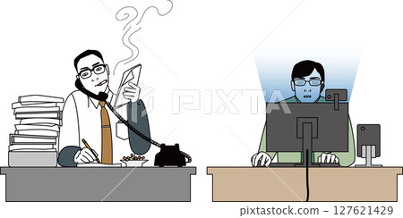 昭和時代的文職上班族與令和時代的商人。向量圖示，一位日本男性正在工作 127621429
