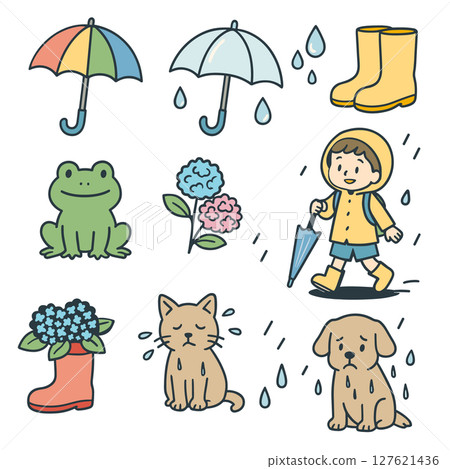 Rainy season icon set | Cute illustrations of umbrellas, frogs, hydrangeas, etc. 127621436