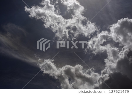 Dramatic dark storm thundercloud rain clouds on black sky background. Dark thunderstorm clouds rainny landscape. Meteorology danger windstorm disaster climate. Dark cloudscape storm disaster gray sky 127621479
