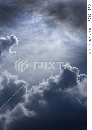 Vertical Dramatic dark storm rain clouds black sky background. Dark thunderstorm clouds rainny atmosphere. windstorm disasters climate. Dust ominous cloudscape storm disaster gloomy gray cloud sky 127621480
