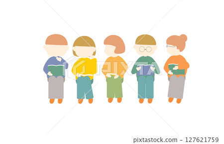 Icon set of men and women sitting side by side and reading 127621759