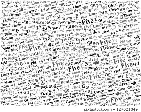 Multilingual "Five" Word Cloud Illustration for Numerical and Educational Themes 127621849