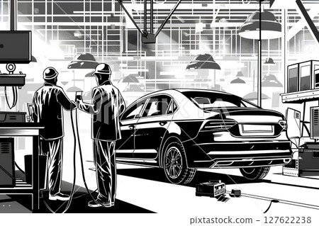Monochrome illustration of an auto repair shop 127622238