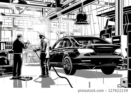 Monochrome illustration of an auto repair shop 127622239