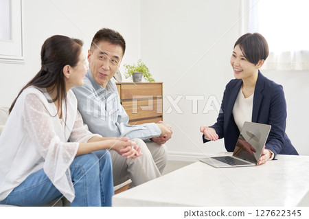 Senior couple talking to a saleswoman in the living room 127622345