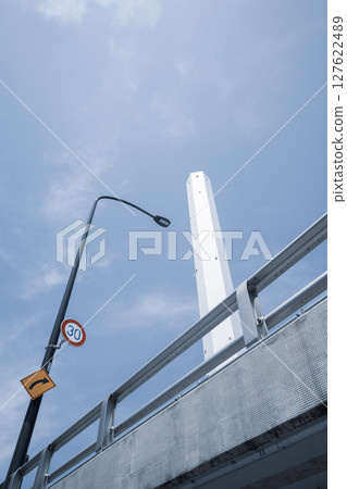 Looking up at street lights and tall chimneys a-4 low saturation 127622489