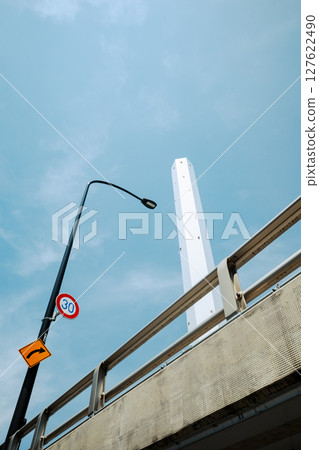 Looking up at street lights and tall chimneys a-5 film style 127622490