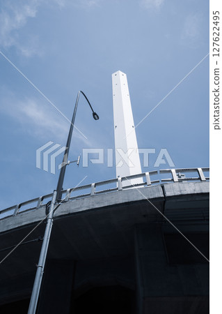 Looking up at street lights and tall chimneys b-4 low saturation 127622495