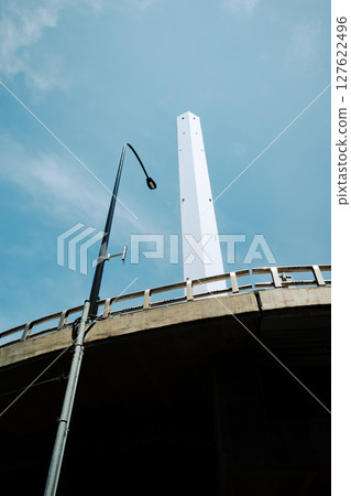 Looking up at street lights and tall chimneys b-5 film style 127622496